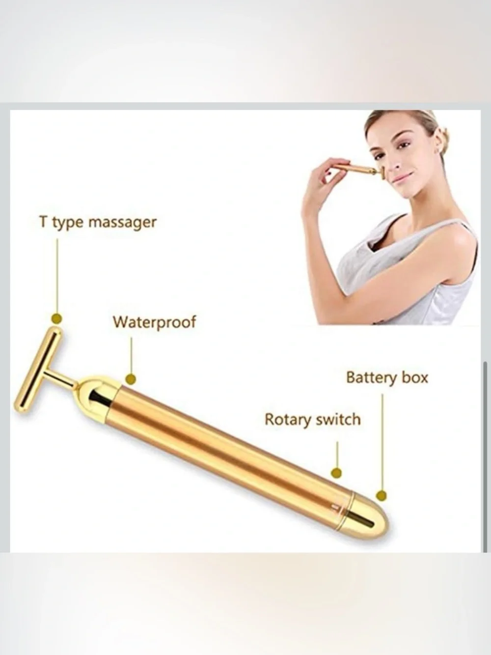 NEW Beauty Bar 24k Golden Pulse Facial Massager, T-Shape Electric